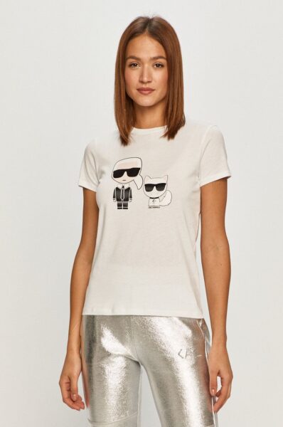 Karl Lagerfeld - Tricou, Alb, Fason drept, Decolteu rotund, Material tricot flexibil si subtire
