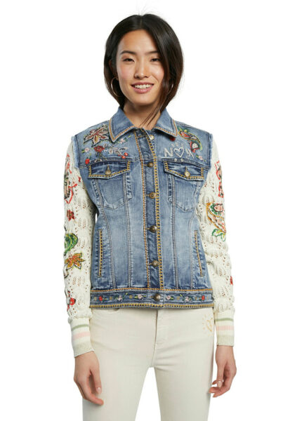 DESIGUAL - Jacheta din denim cu maneci tricotate, Albastru inchis, Floral, Maneca lunga